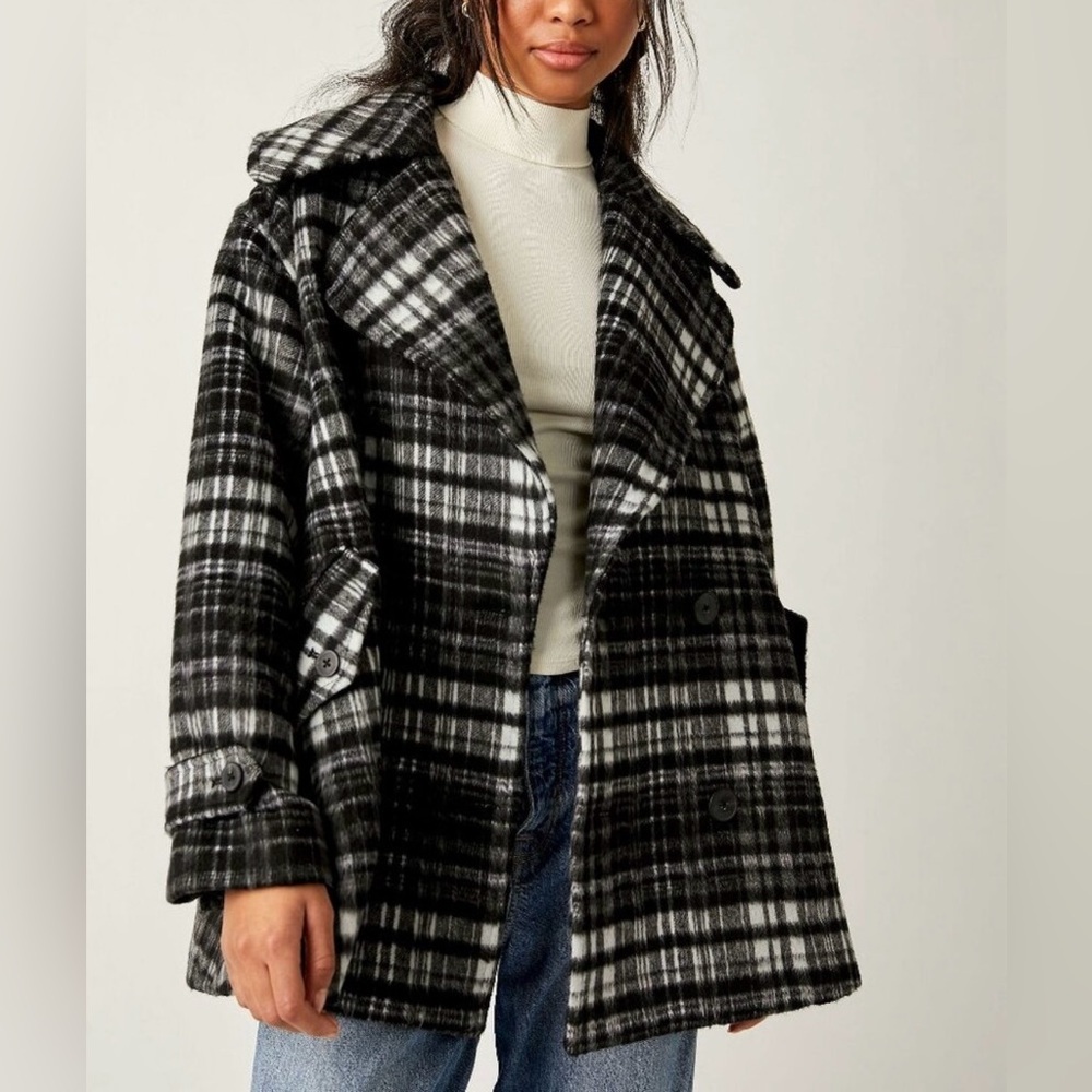 NWT • Free People Highlands Wool Blend Salt & Pepper Coat M Relaxed Fit - Picture 9 of 14
